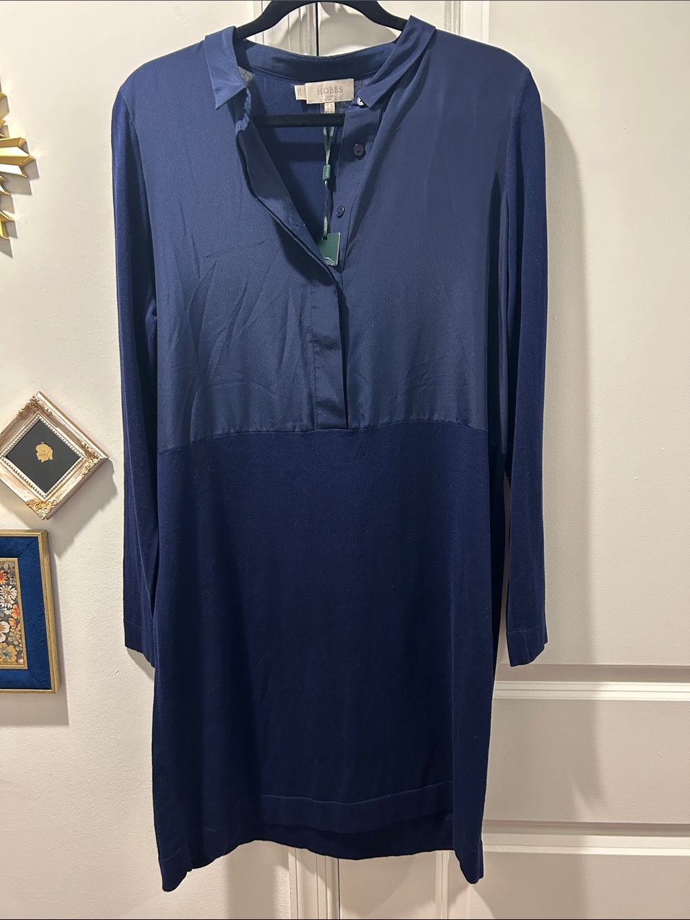 NWT Hobbs Navy Long-Sleeve Two-Tone Shirt Dress